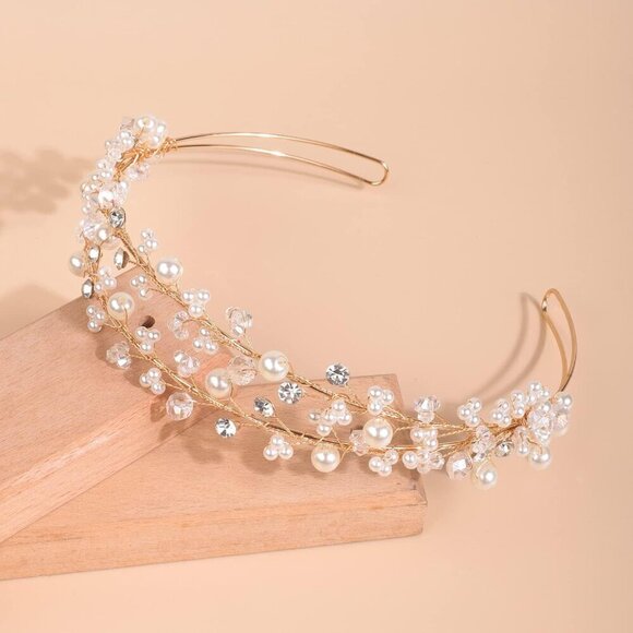 Golden Crystal Tiara Pearl Rhinestone Hairband Wedding Bridal Accessory main image 3